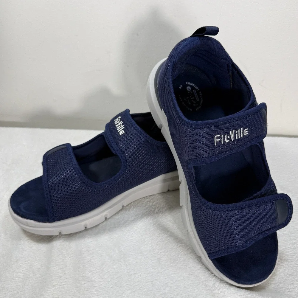 FitVille Mens 9.5 Diabetic Marca Sandals Blue Adjustable Mesh Comfort Shoes